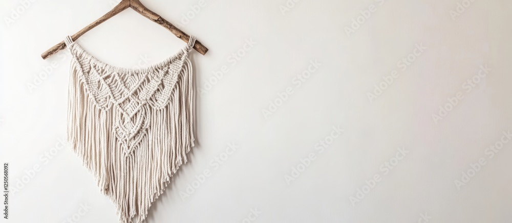 Poster macrame wall hanging boho chic design on neutral background with generous empty space for creative t