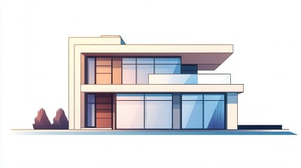 Modern minimalist house model featuring flat roofs, expansive glass windows, sleek lines, showcased on a pristine white backdrop, transparent format