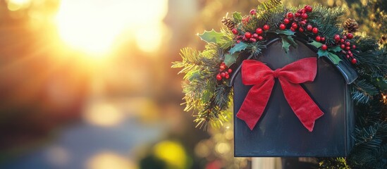 Mailbox adorned with Christmas wreath and bow basking in evening sunlight with blurred background creating empty space for text.