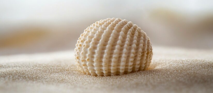 Macro shot of a lined moon sea shell Natica lineata on sandy beach background showcasing intricate patterns and textures.