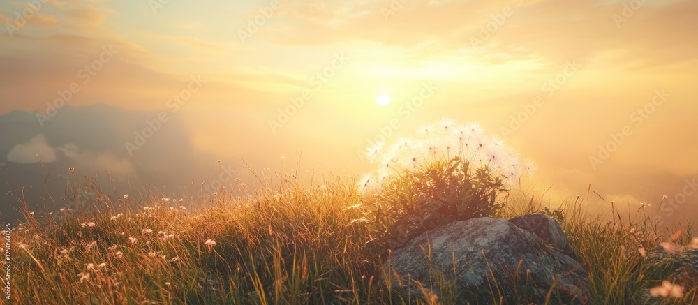 Poster dandelion blooms glowing in sunset light on a hill with hazy sky creating a serene landscape and amp