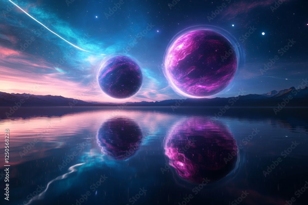 Aufkleber Neon Cosmic Art Mystical Sci-Fi Planets in Magenta and Cyan Reflections for Futuristic Digital Art and Gaming Design - Immersive Visual Content Creation