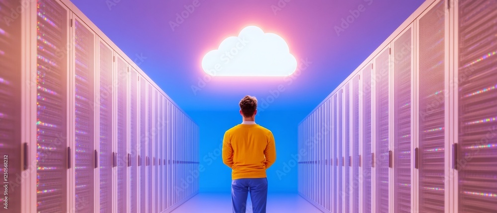 Poster Vibrant Futuristic Datacenter Cloud-Connected Server Racks and Networking Equipment in a Modern IT Infrastructure - Tech Innovation for Digital Enterprises