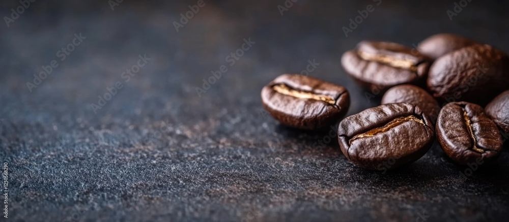 Poster macro shot of roasted coffee beans on a textured surface with space for adding text or branding elem