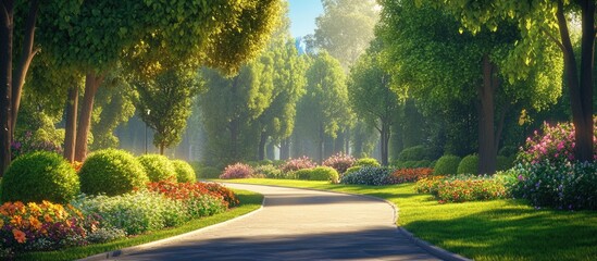 Obraz premium Scenic park pathway surrounded by vibrant greenery and blooming flowers under soft sunlight