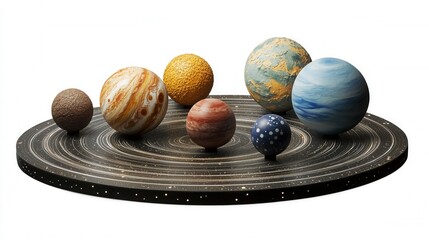 Solar System Model, detailed arrangement of planets in orbit against a white backdrop, transparent format for versatile use