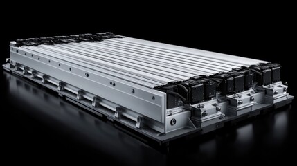 Obraz premium Electric vehicle battery pack, studio shot, dark background, energy storage