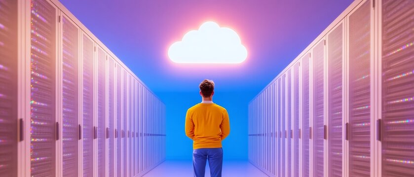 Vibrant Futuristic Datacenter Cloud-Connected Server Racks and Networking Equipment in a Modern IT Infrastructure - Tech Innovation for Digital Enterprises