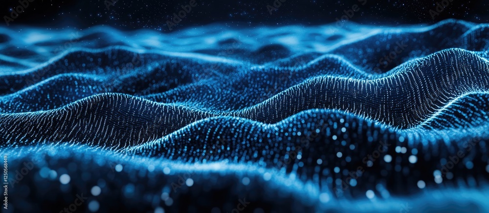 Poster machine learning analytics concept with organic neural networks and abstract blue waves representing