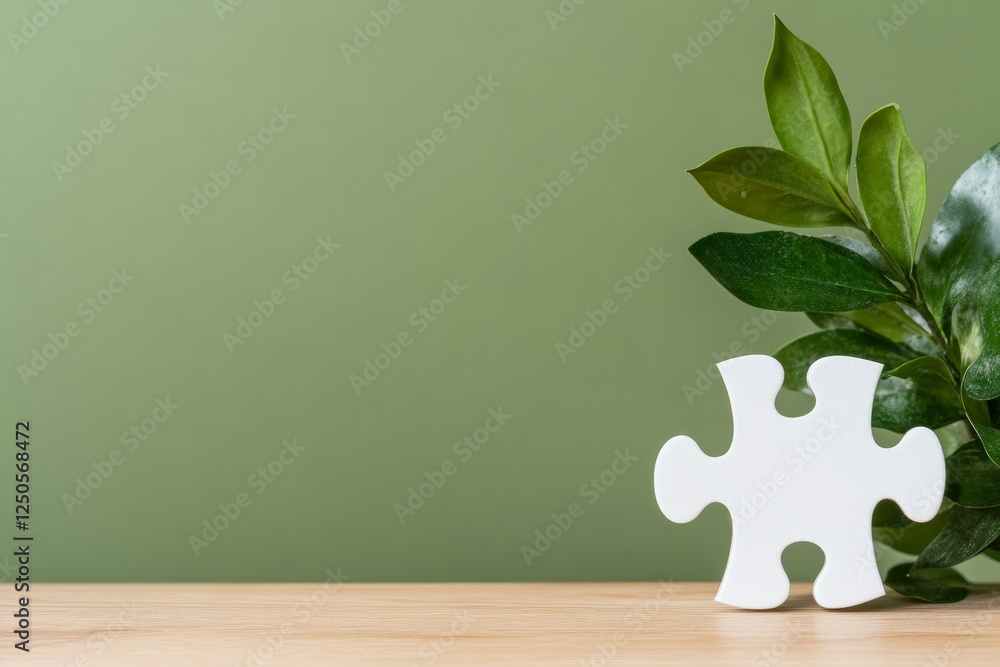 Leinwandbilder eco-design puzzle piece white minimalist component on wooden surface with green leaf backdrop - busi
