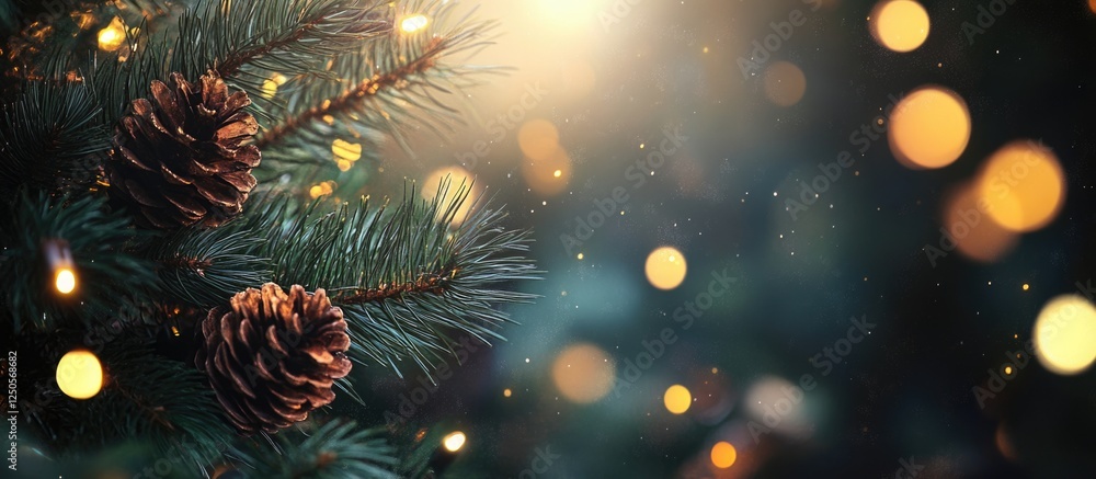 Poster festive christmas background featuring pine cones and bokeh lights with fir branches creating a warm