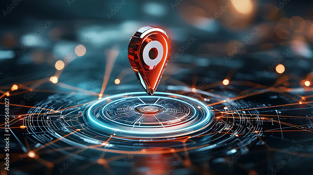 Poster dynamic location mapping technology virtual environment digital graphic futuristic design close-up v