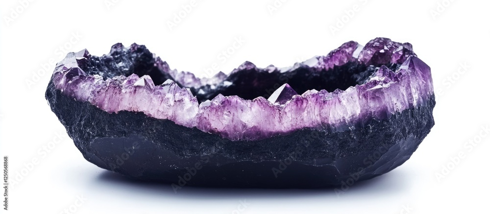 Poster macro close up of a black violet neon crystal quartz geode slice highlight in a fine gemstone displa