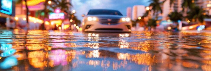 Vibrant Urban Flood Scene Submerged Vehicle in Reflective Water Climate Change Impact Imagery for Emergency Awareness and Urban Planning Solutions