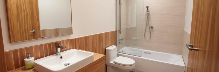 Fototapeta premium Modern wooden bathroom interior with sleek design, minimalistic decor, and natural lighting, elegant, minimalist