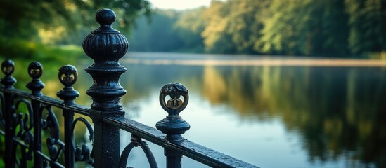 Love lock on an iron railing overlooking a serene lake in Brandenburg surrounded by lush greenery and soft morning light
