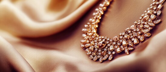 Elegant gold necklace displayed on luxurious fabric background with ample negative space for text and branding opportunities.