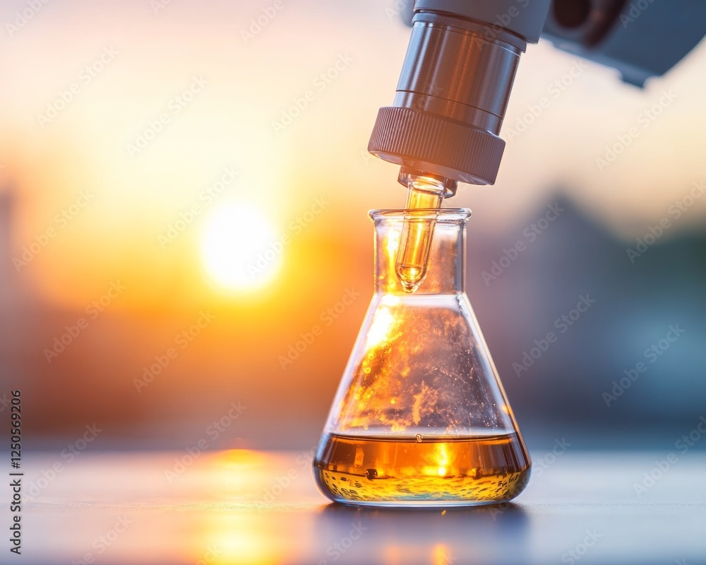 Aufkleber sunset-infused science lab aesthetic glass flask and microscope on minimalist steel workbench - inno