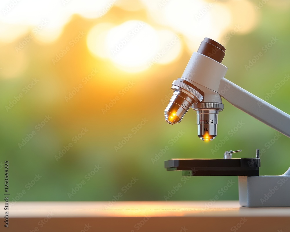 Aufkleber Modern Minimalist Laboratory Setup Precision Microscope with Sunset Glow - Environmental Health-Tech Visualization and Scientific Research Empowerment