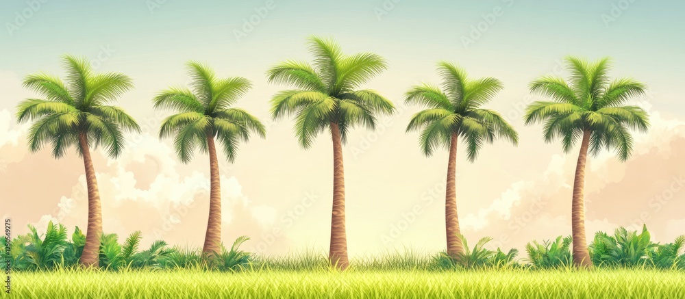 Poster lush tropical landscape with five palm trees and ample space for text overlay in a serene setting