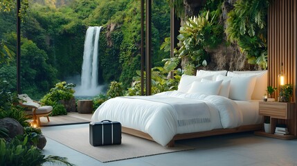 Luxurious and secluded tropical villa surrounded by lush jungle foliage and a stunning waterfall offering a peaceful and serene retreat for a relaxing vacation or getaway  The modern
