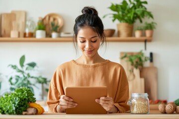 Wellness Kitchen Guide Indian Woman Meal Prepping with Digital Tools and Fresh Ingredients - Personal Health Content and Modern Nutritional Planning