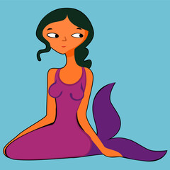 Fototapeta premium little mermaid, whimsical cartoon mermaid on solid light blue background. Cute little mermaid figurine character