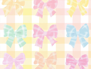 Colorful gingham bows in pastel tones create seamless pattern on checkered background. design features pink, blue, green, and yellow bows, adding cute and coquette style to image