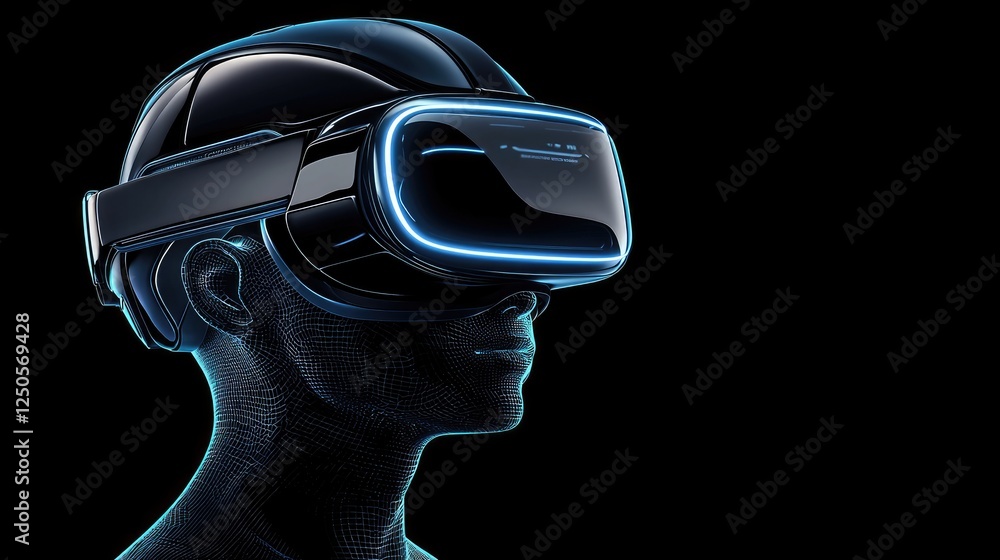 Poster exploring virtual reality innovations modern tech lab digital experience futuristic environment side