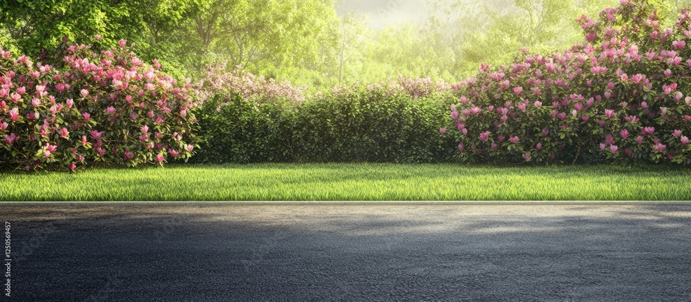 Poster magnolia trees in full bloom framing a serene road and lush lawn with ample empty space for text or 