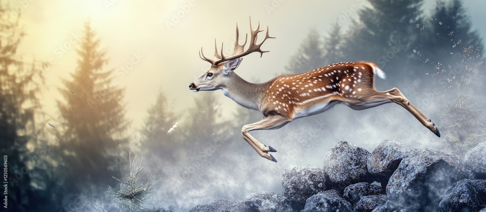 Poster graceful deer leaps through a misty forest capturing the essence of nature with space for text and a