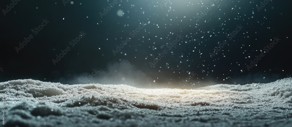 Poster enchanting winter landscape with softly falling snowflakes under moonlight and ample space for text 