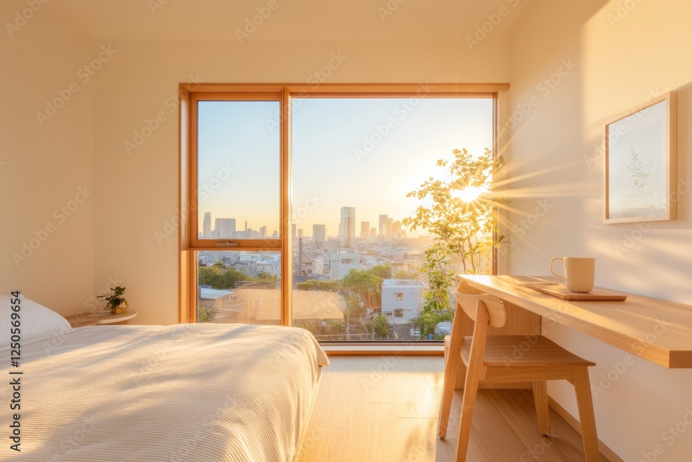 Poster minimalist urban micro-apartment design modular furniture and soft wood textures for modern real est