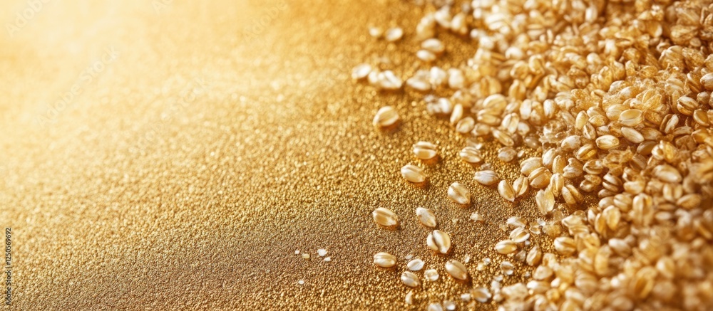 Poster macro shot of wheat grains scattered on a shimmering gold background ideal for text placement and fo