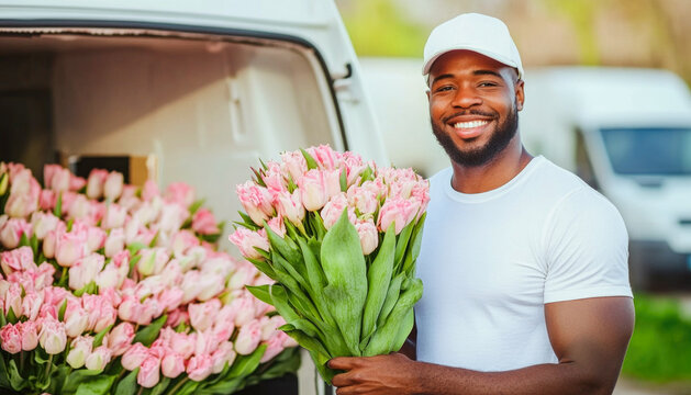 Smiling African American delivery man holding beautiful bouquet of pink tulips while standing in front of van filled with tulip bouquets