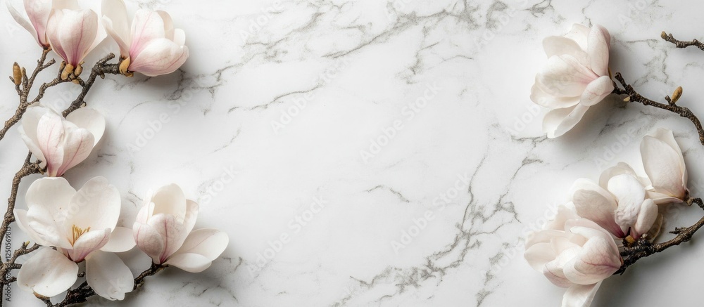 Poster magnolia and sakura blossoms on marble background with empty space for text or branding in springtim