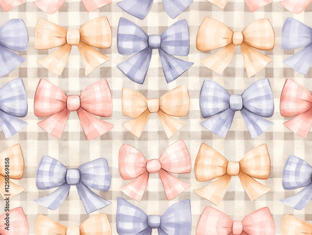 Poster seamless pattern of pastel gingham bows on checkered background, creating cute and coquette design. 