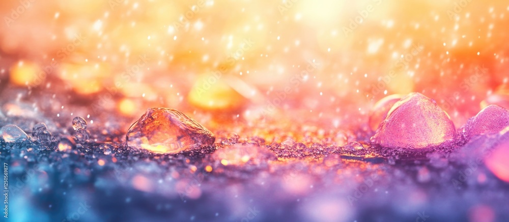 Poster colorful melting ice droplets on a surface with vibrant bokeh effects creating an abstract winter or