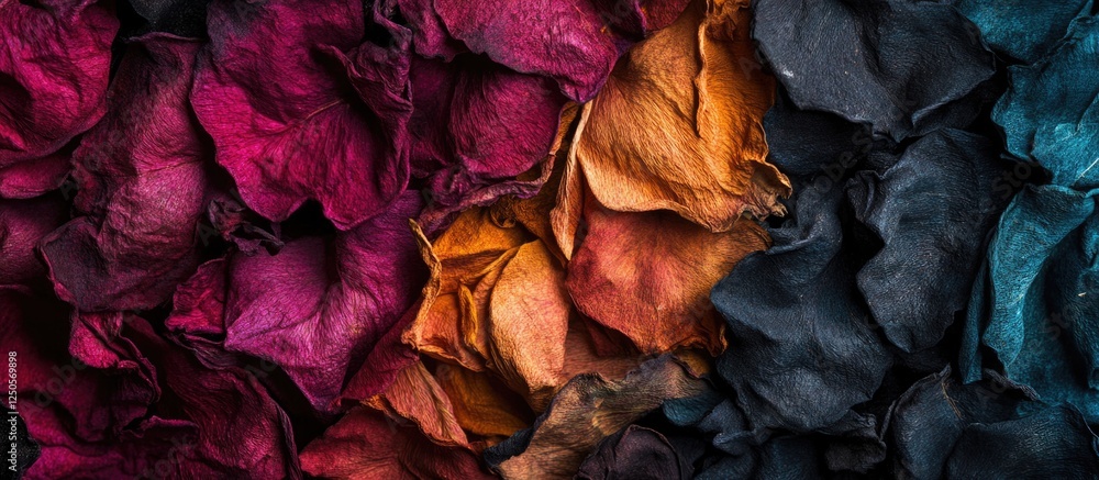 Poster multicolored dried rose petals in a macro close-up on a textured retro canvas background showcasing 