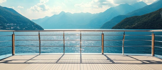 Luxury stainless steel railings on ship deck with mountain backdrop creating a tranquil travel atmosphere and ample space for text placement