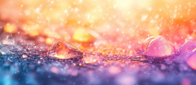 Colorful melting ice droplets on a surface with vibrant bokeh effects creating an abstract winter or water-themed background. - Powered by Adobe