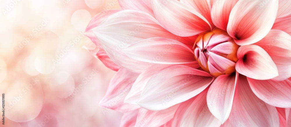 Poster macro close-up of delicate pink and white dahlia petals with soft bokeh background