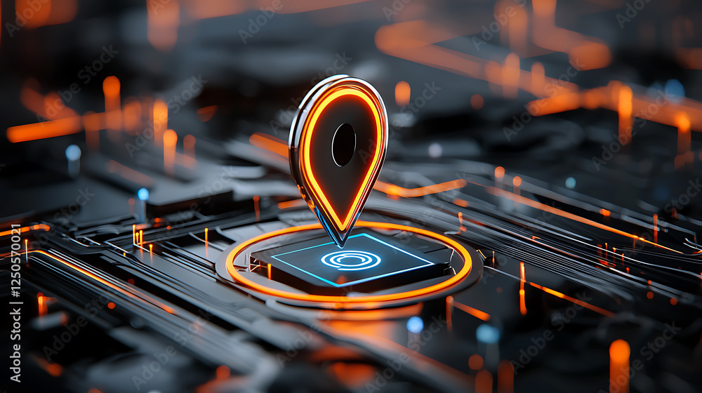 Poster digital location marker virtual environment graphic design high-tech atmosphere close-up view modern