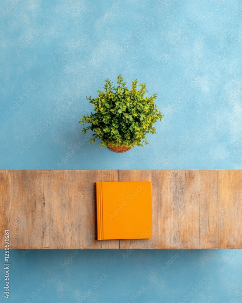 Poster Minimalist Workspace Aesthetic Wooden Desk with Vibrant Notebook - Enhancing Academic Content Creation and Collaborative Learning in Modern Educational Setups
