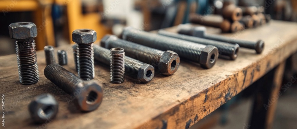 Aufkleber assorted metal bolts and nuts on a workbench in a workshop setting for mechanical and industrial app