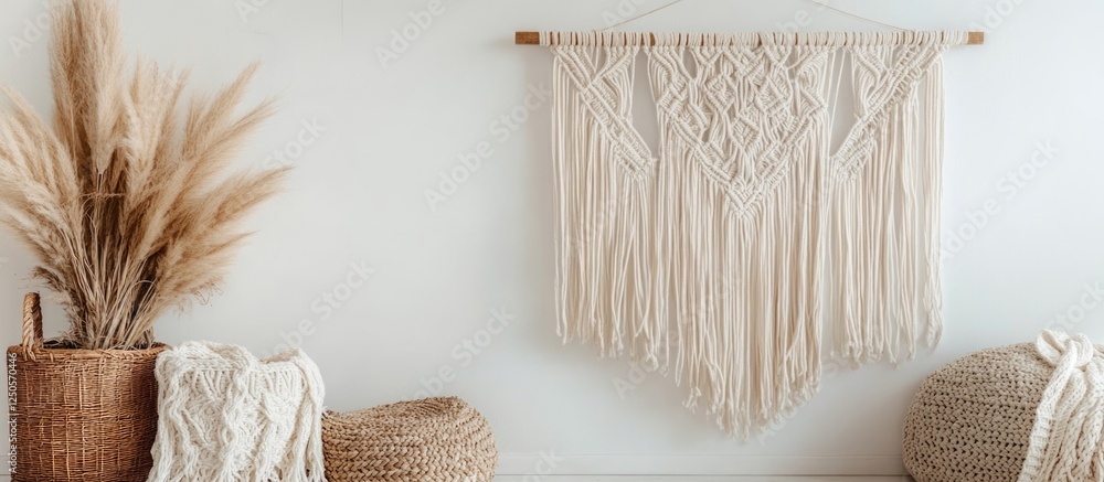 Poster macrame wall hanging and natural decor for bohemian interior design with blank space for custom text
