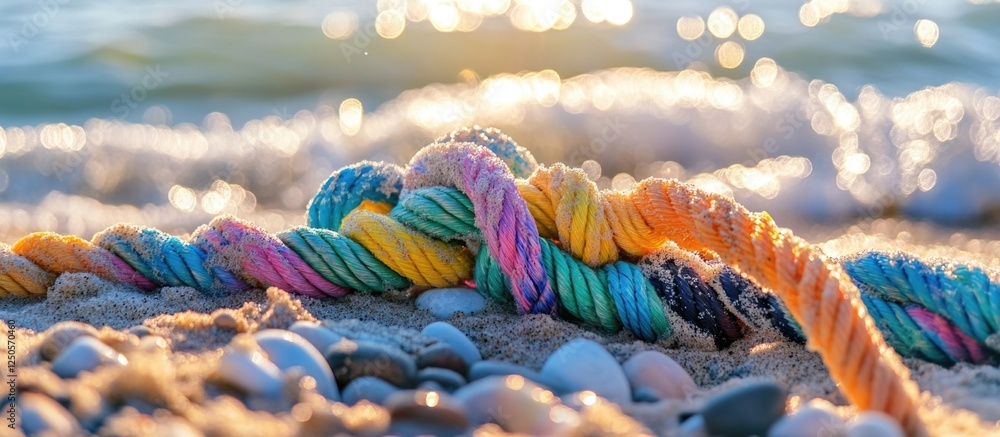 Poster macro close-up of colorful plastic rope washed up on sandy beach with ocean waves in the background 