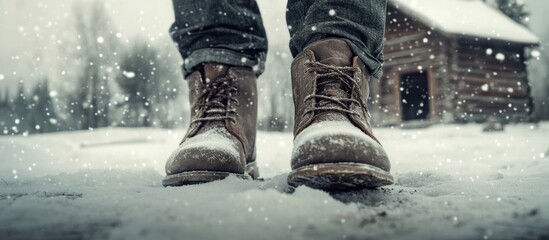 Men's winter leather boots in snowy landscape showcasing outdoor style and resilience against harsh weather conditions.