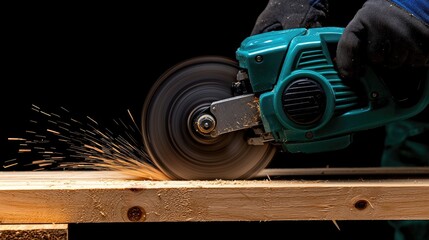 Cutting wood with power tool workshop action photography dark environment close-up view craftsmanship concept