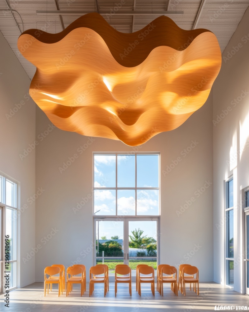 Aufkleber sculptural wave ceiling curved wood installation with minimalist chairs in bright room dynamic desig
